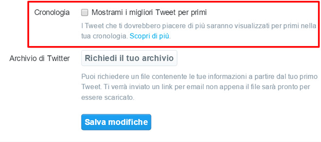 Twitter timeline migliori tweet prima desktop