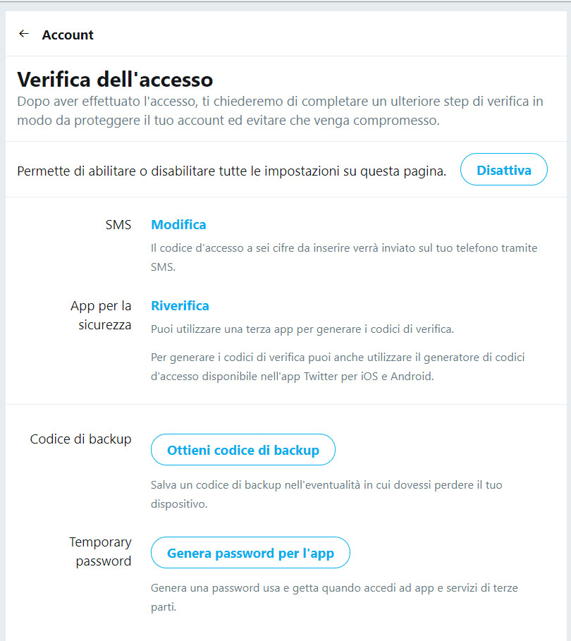 twitter autenticazione 2 fattori app terze parti