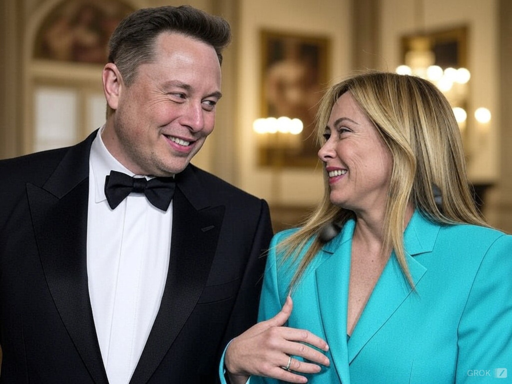 Immagine realizzata con Grok, alla sinistra ELon Musk e alla destra la presidente Giorgia Meloni